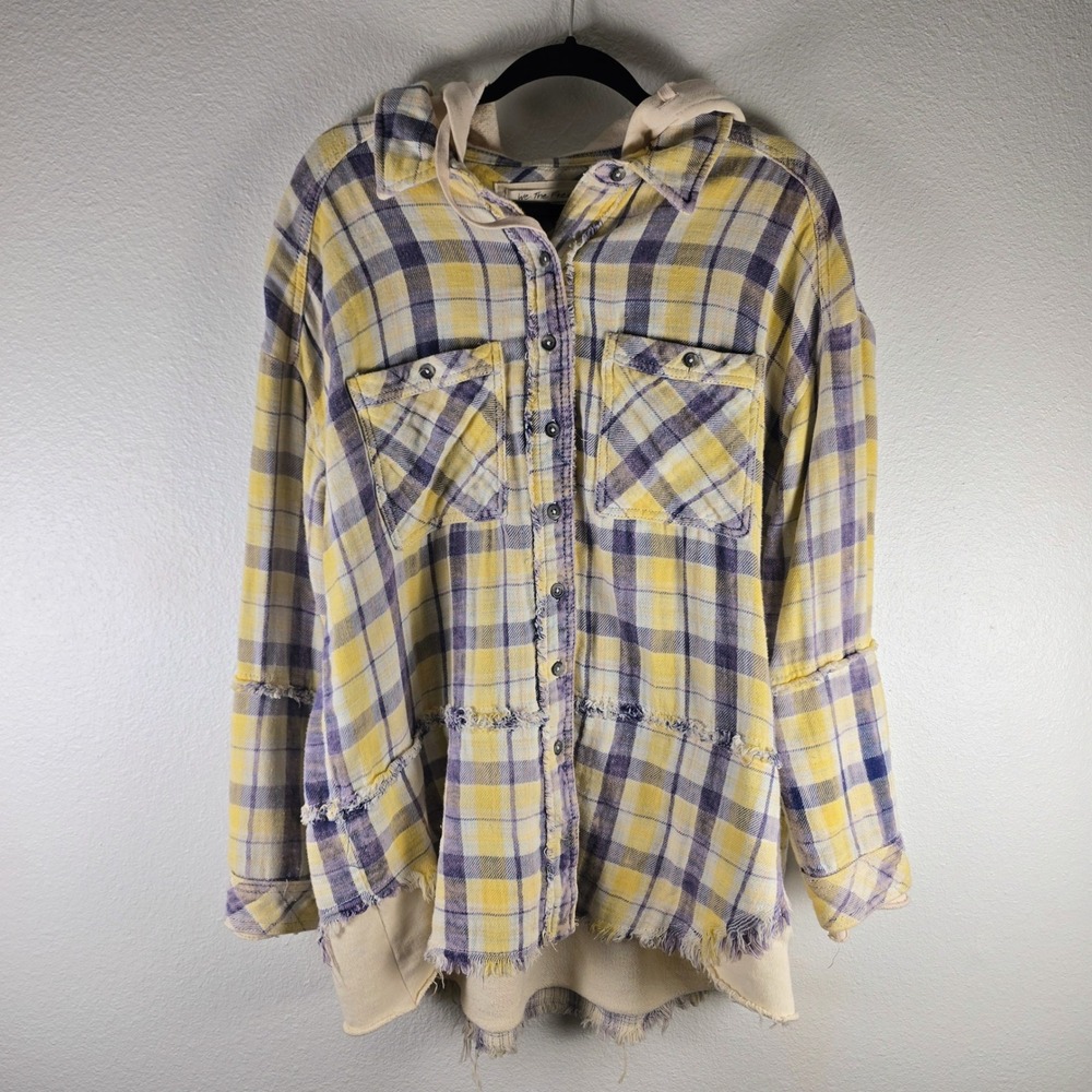 We The Free Women's Calico Basin Hooded Jacket Yellow Plaid Button Down Size S